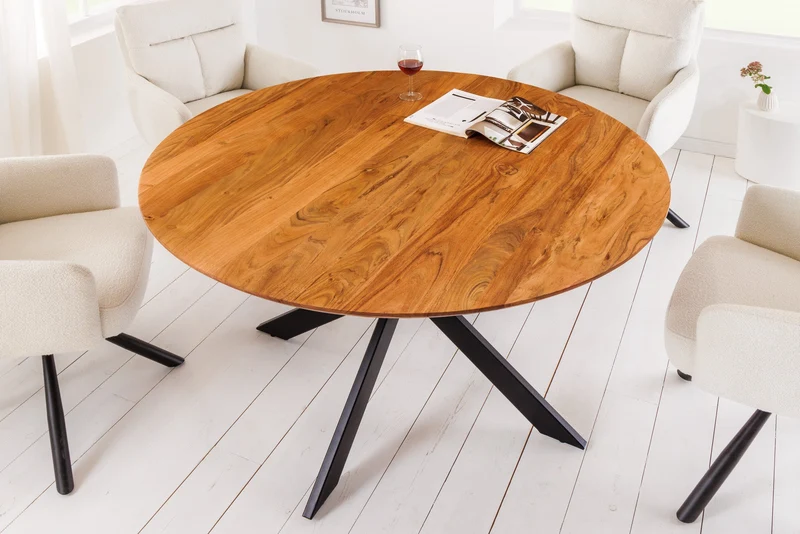 Table à manger ronde en bois massif GALAXIE 130cm acacia naturel structure métal noir