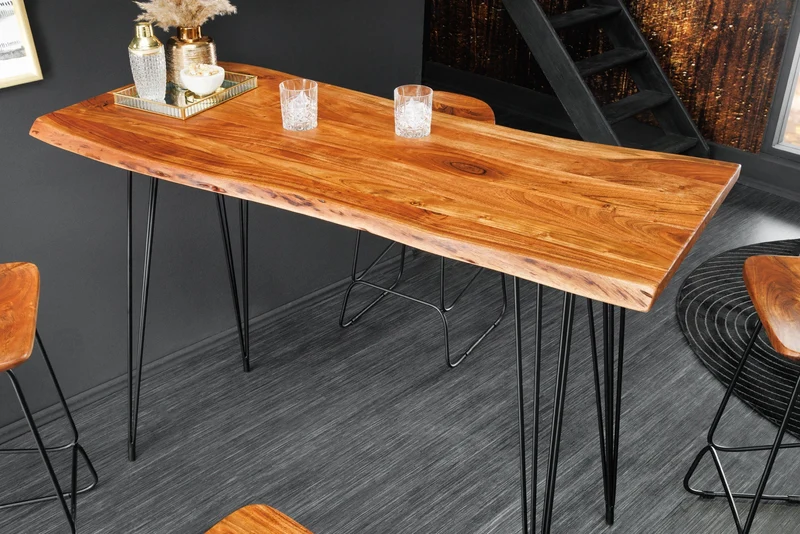 Table de bar en bois massif MAMMUT 140cm acacia naturel bord métal pieds épingle noir