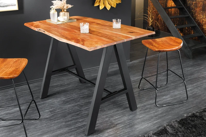 Table de bar en bois massif MAMMUT 120cm acacia naturel bord métal noir avec repose-pieds