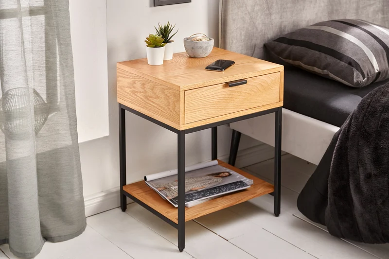 Table de chevet industrielle ELEMENTS Table d’appoint 40cm en chêne avec tiroir