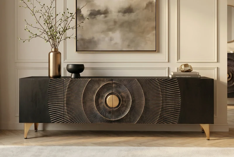 Buffet TV artisanal GOLDEN SUNSET 180cm noir avec sculptures 3D pieds en métal en bois de manguier massif doré