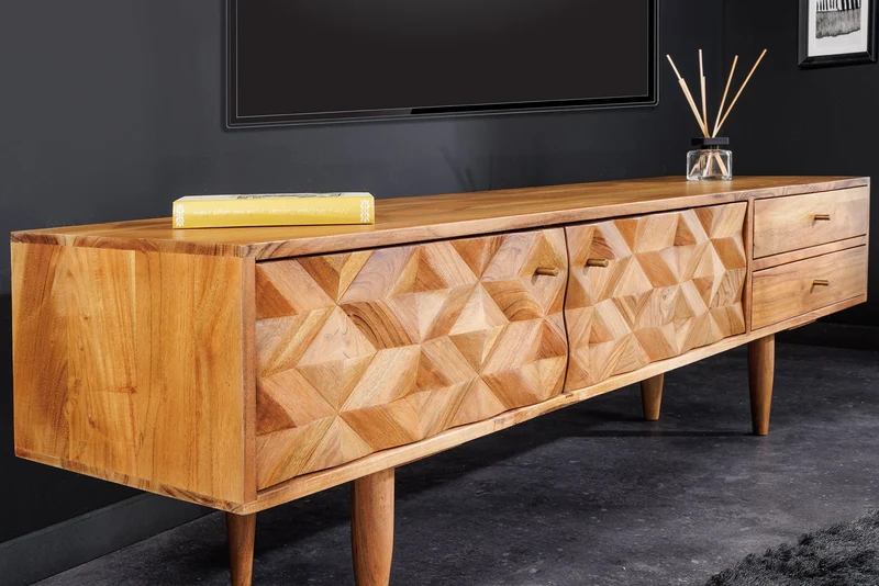 Buffet TV en bois massif ALPINE 145cm acacia naturel design rétro finition miel