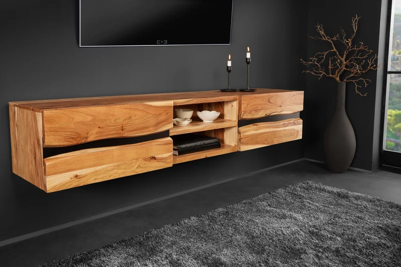 Buffet TV suspendu AMAZONAS 160cm bois massif d’acacia naturel bord d’arbre métal noir
