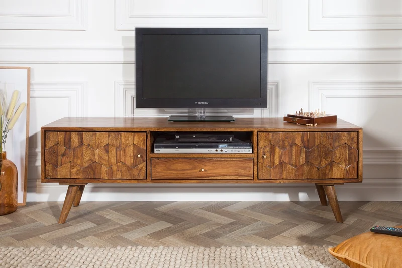 Meuble TV massif MYSTIC LIVING 140cm bois massif Sheesham marron finition pierre façade 3D