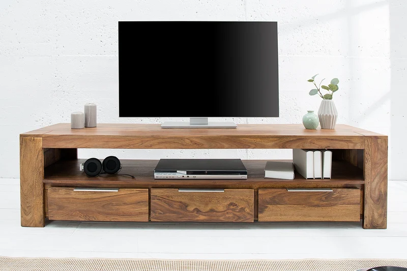 Meuble TV massif MAKASSAR 170cm marron finition pierre Sheesham lowboard trois tiroirs