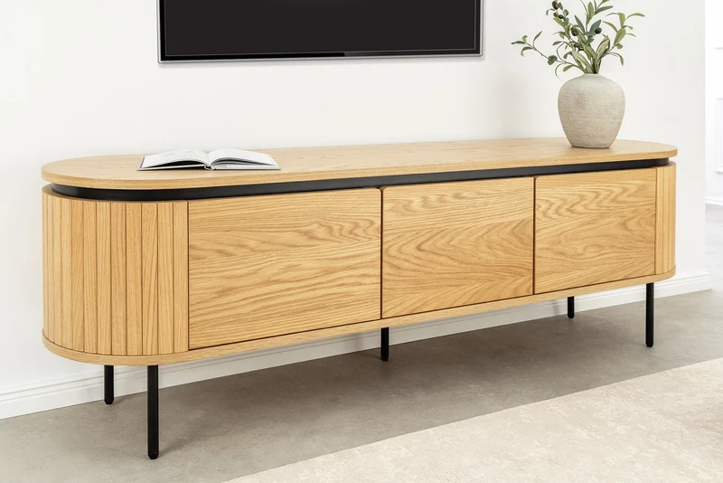 Meuble TV moderne ATELIER 160cm chêne naturel meuble bas métal noir