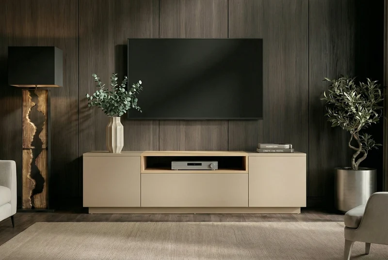 Meuble TV moderne LOFT 160cm gris naturel beige grège trois compartiments tiroir