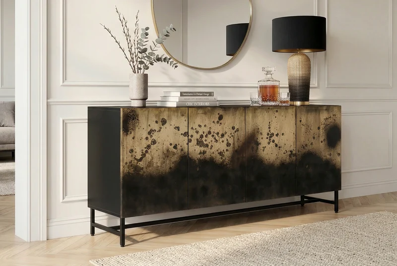 Buffet exclusif OXID 180cm noir doré bois de manguier massif métal fermeture amortie