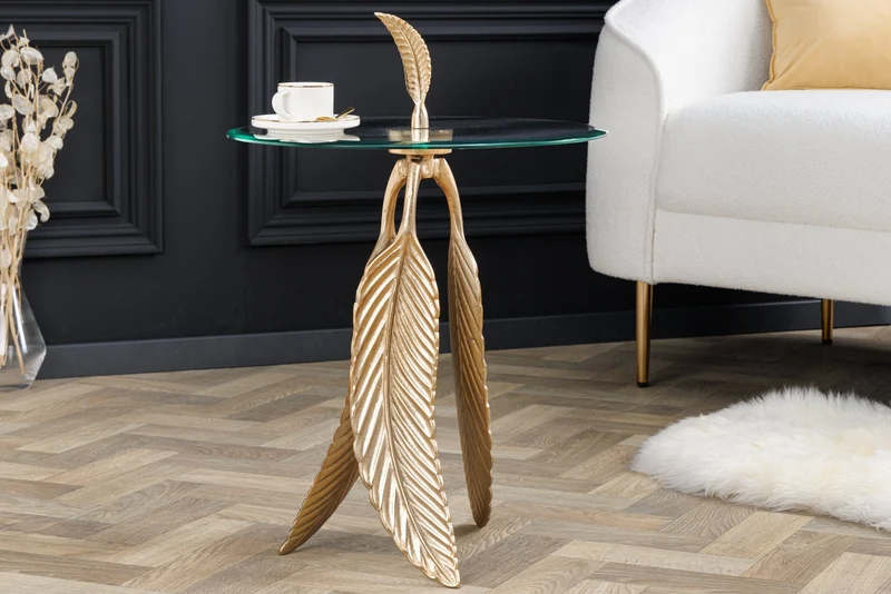 Table d’appoint extravagante FEATHER 65cm plateau en verre doré fait main ronde