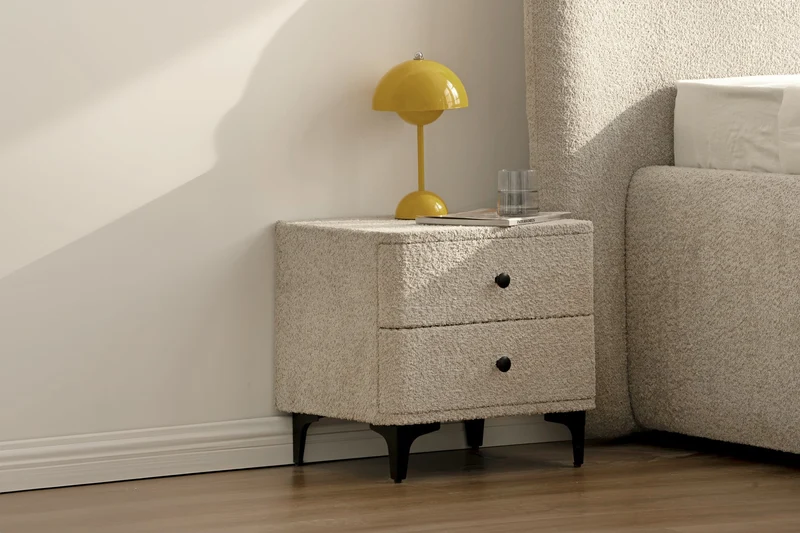 Table de chevet moderne ART DECO 45cm Bouclé grège avec tiroirs en métal noir