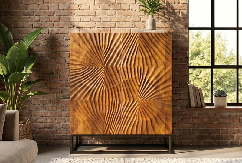 Buffet haut massif SCORPION 120 cm en bois de manguier marron avec sculptures 3D élaborées