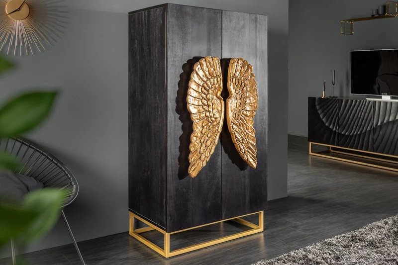 Buffet extravagant ANGEL 140cm en bois de manguier noir avec ailes dorées