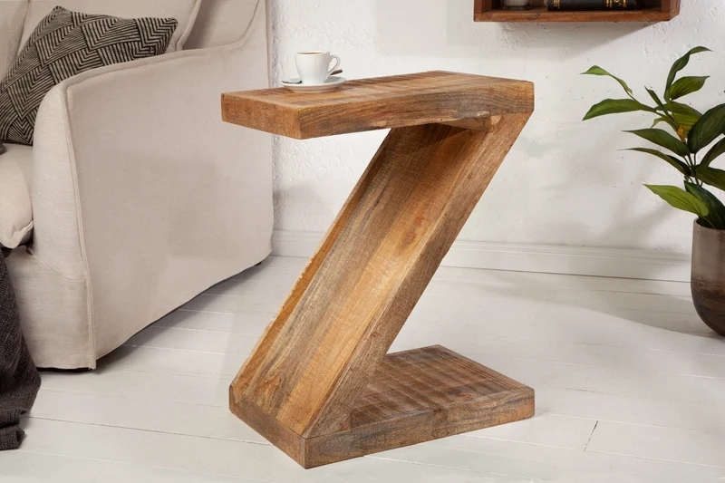 Table d'appoint massive Z 45 cm en bois de manguier en forme de Z faite à la main