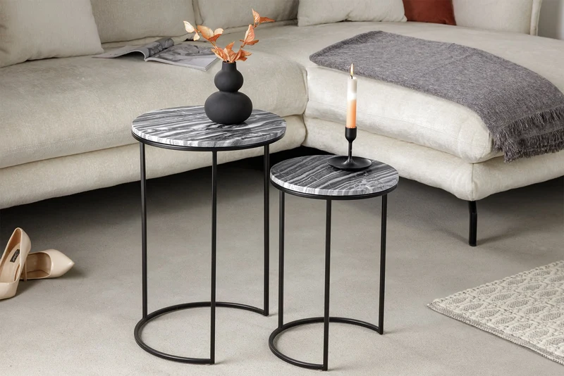Table d'appoint design ELEMENTS, lot de 2, 40 cm, marbre gris, cadre noir, ronde