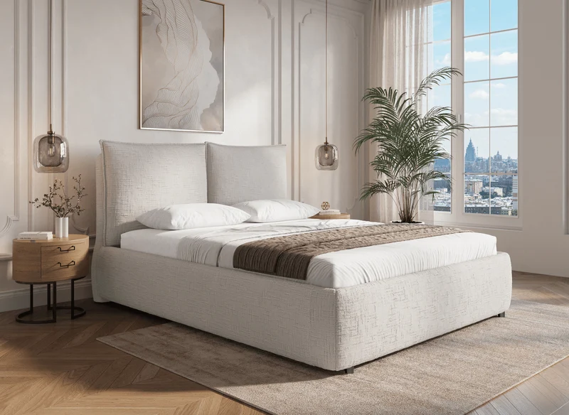 Lit coffre en velours chiné beige 160x200 cm MELY