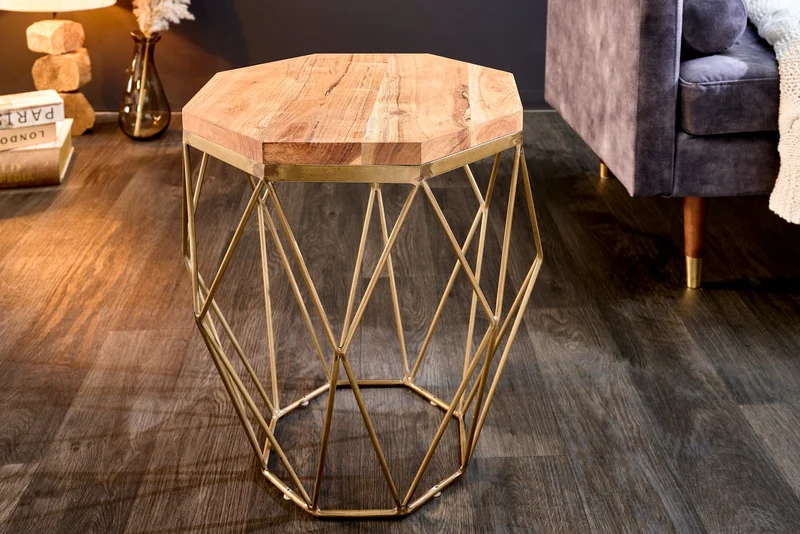 Table d'appoint abstraite DIAMOND 50cm bois massif d'acacia naturel structure métal laiton