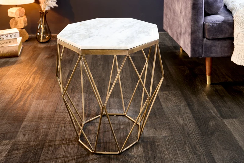 Table d'appoint design DIAMOND 50cm marbre blanc laiton métal