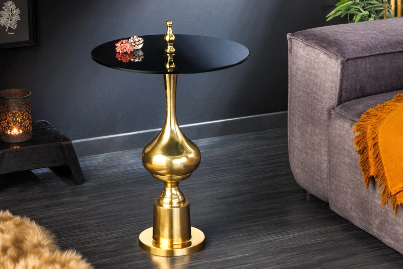 Table d'appoint design ABSTRACT 45cm métal doré plateau verre noir fait main ronde