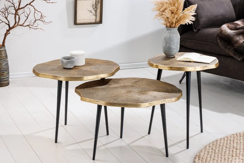 Lot de 3 tables d'appoint ORGANIC 60/50/40cm laiton antique métal rond tronc d'arbre pieds noirs