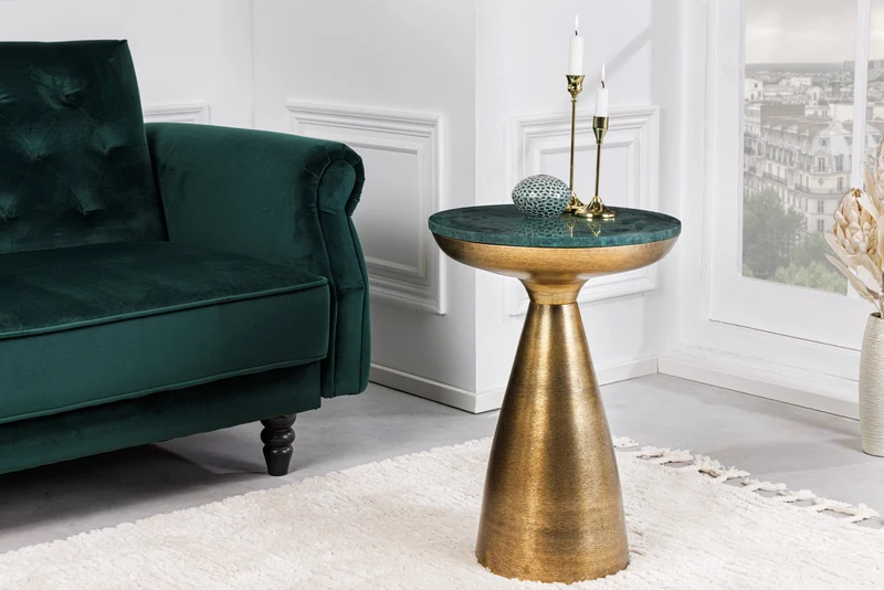 Table d'appoint ronde ELEMENTS 60 cm en marbre vert doré faite main
