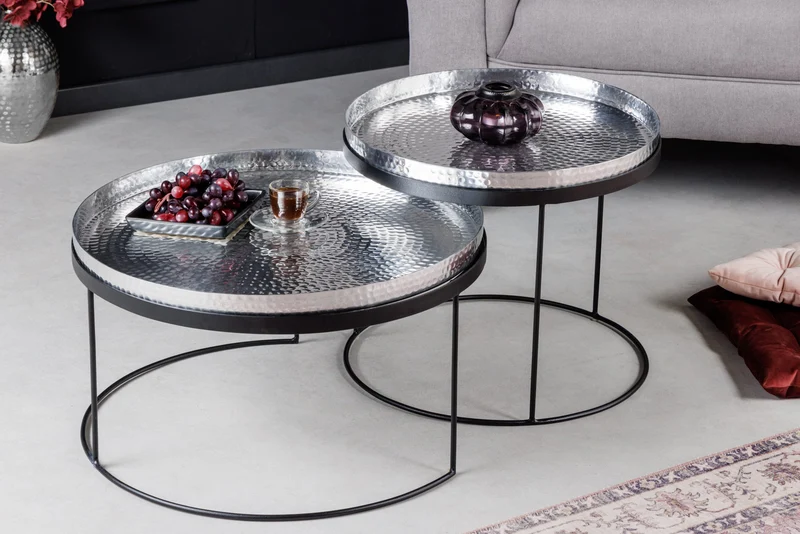 Lot de 2 tables basses rondes ELEMENTS 60cm plateau métal noir argenté table d'appoint