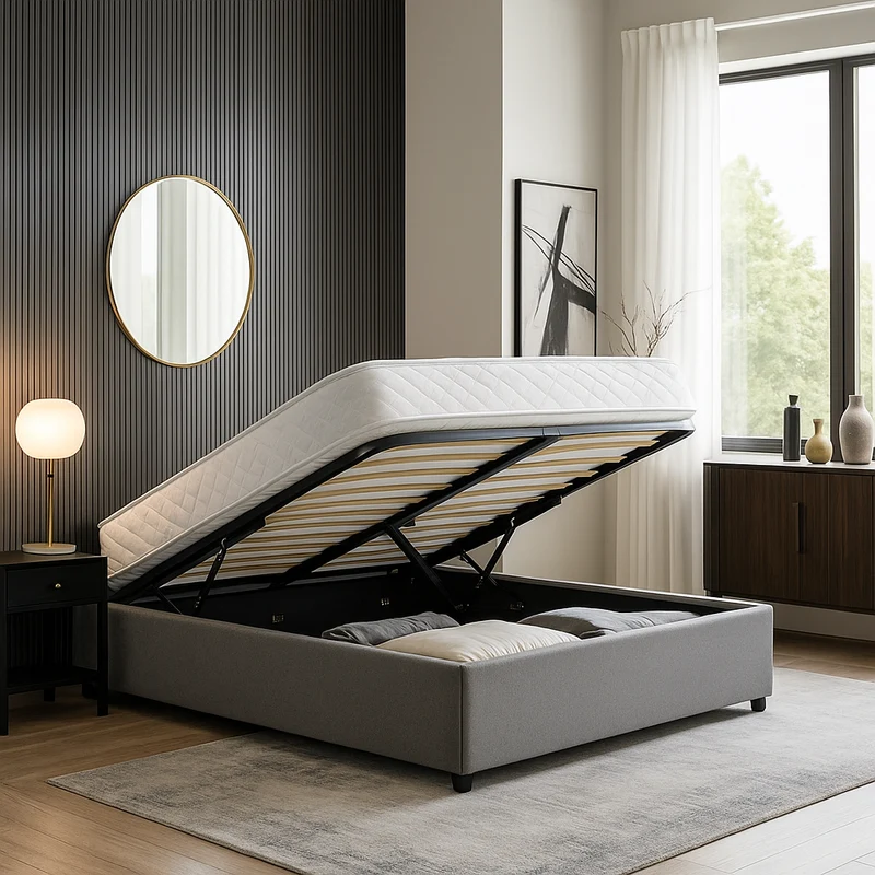 Lit coffre tissu, lattes flexibles, grand espace de stockage - Collection Vegas