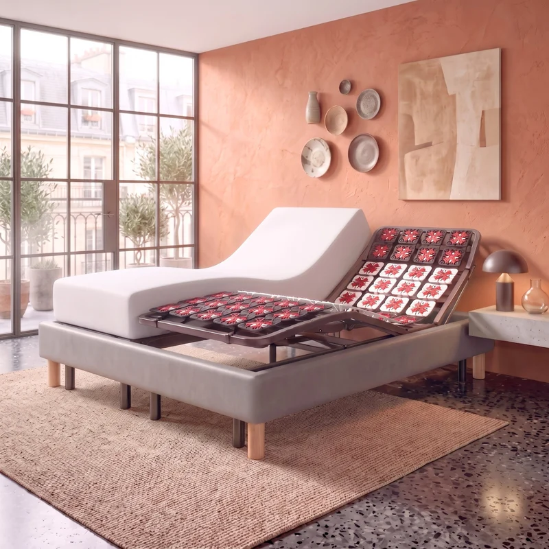 Pack lit électrique orthopédique, simili cuir gris, matelas inclus - Collection Technoflex