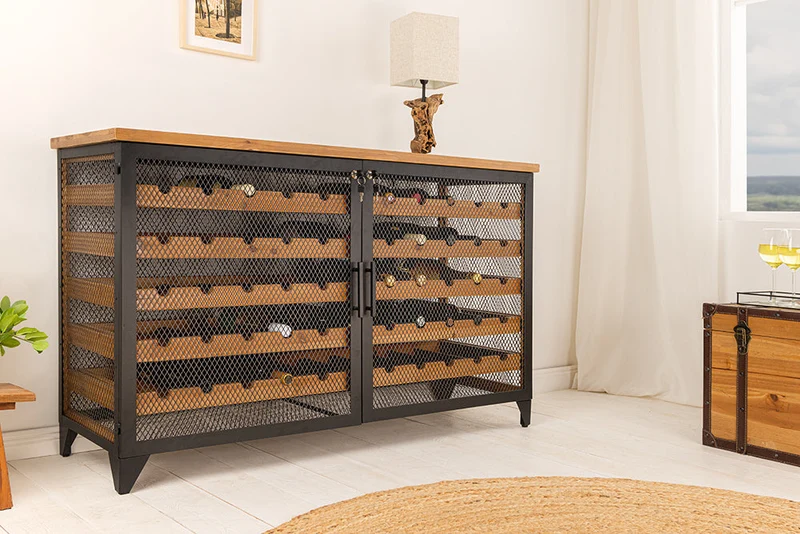 Planche à vin design BODEGA 130cm casier à bouteilles en métal et bois de sapin noir naturel