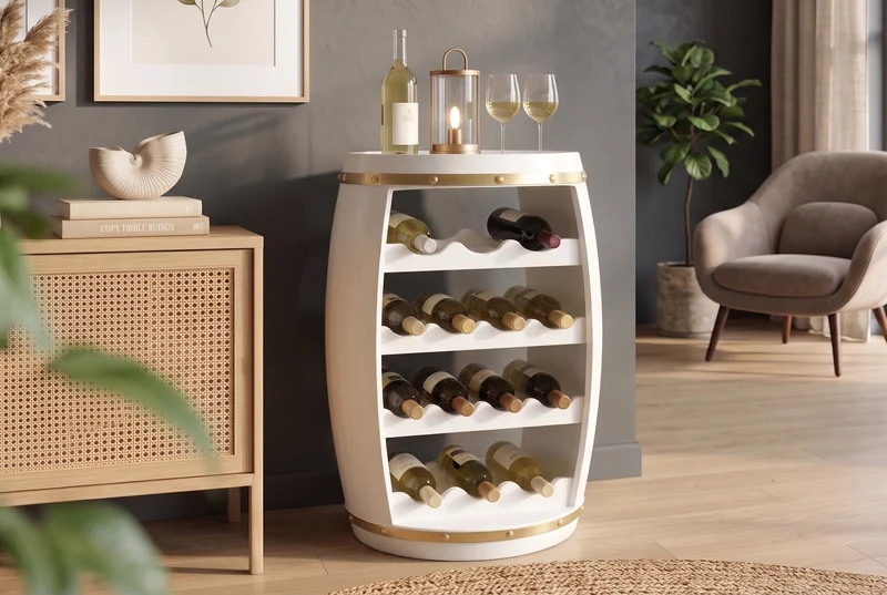 Tonneau à vin design BODEGA WHITE 65cm casier à bouteilles en pin doré blanc 14 bouteilles