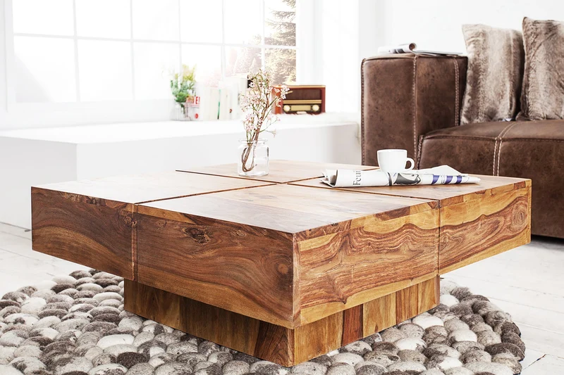 Table basse design en bois massif BOLT 70cm marron finition pierre de Sheesham faite main
