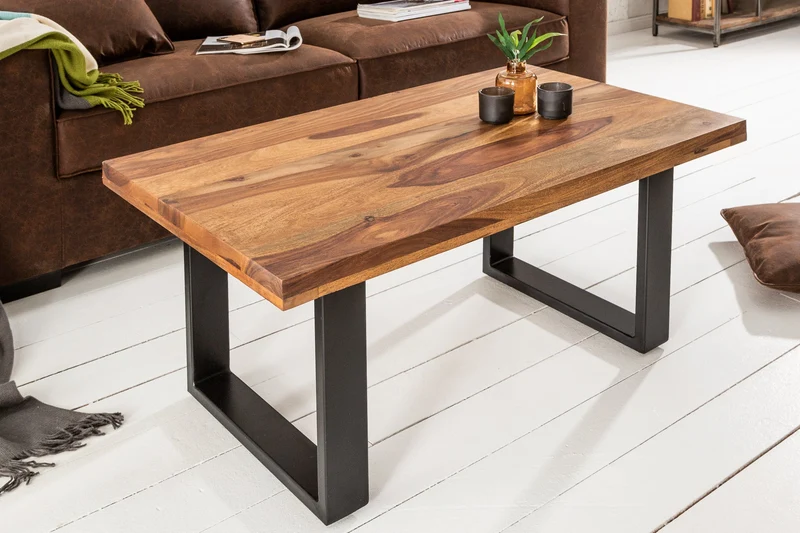 Table basse en bois massif IRON CRAFT 100cm finition pierre de Sheesham marron Design industriel