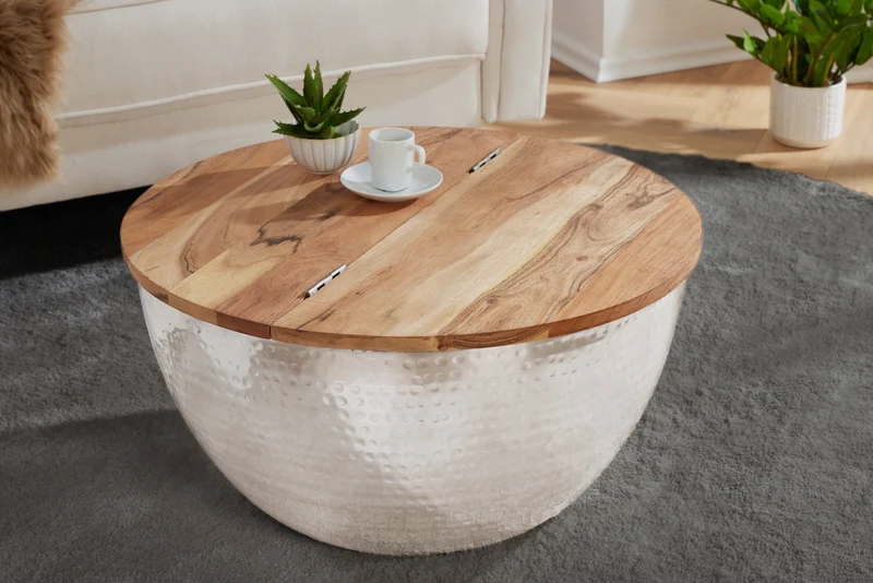 Table basse ronde ORIENT STORAGE 60cm en bois d'acacia argenté avec espace de rangement martelé fait main