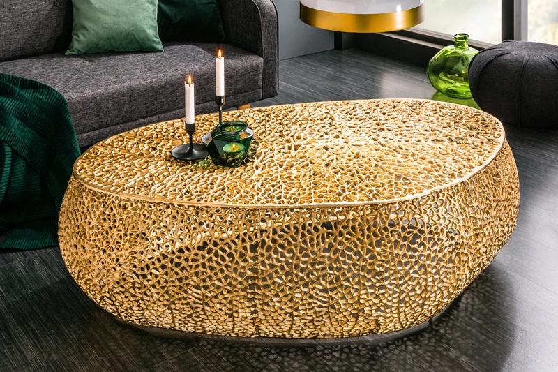 Table basse design filigrane ABSTRACT LEAF 120cm or fait main