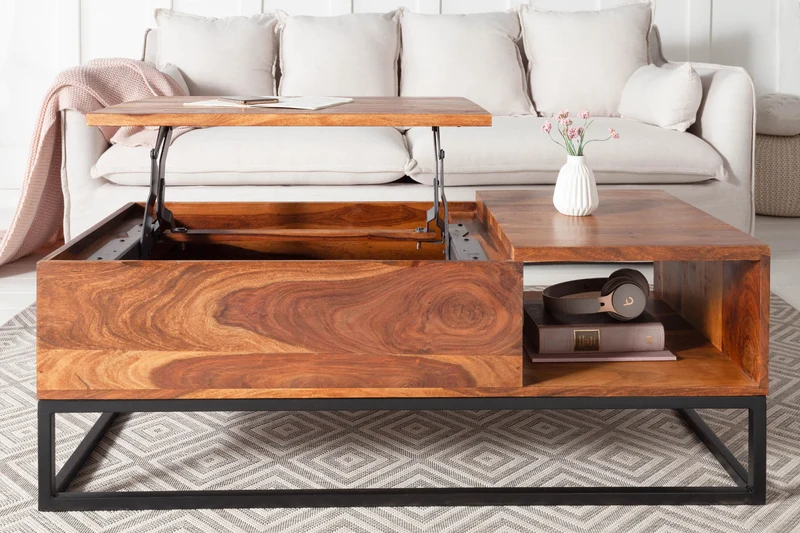 Table basse réglable en hauteur MAKASSAR FUNCTION 110cm en bois massif de Sheesham marron finition pierre