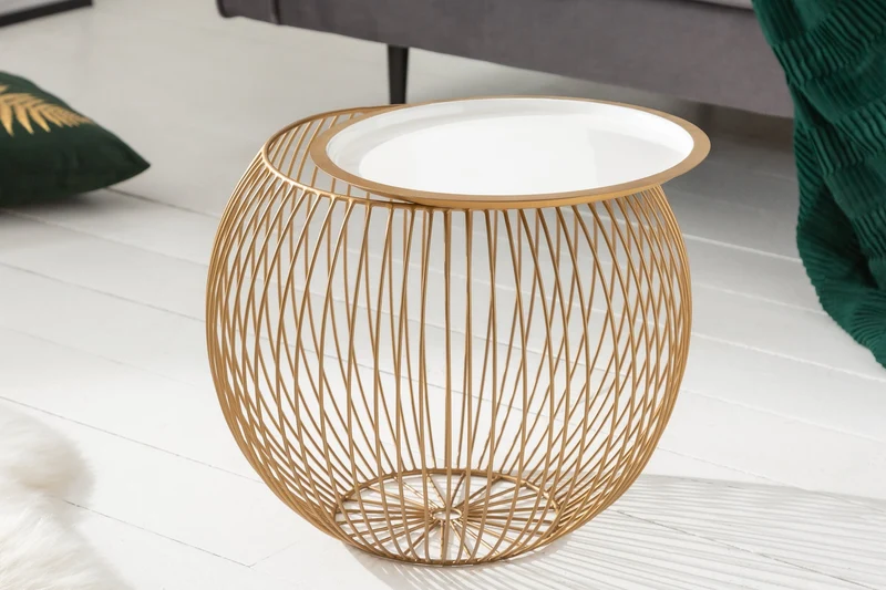 Table basse ronde STORAGE 40cm plateau métal blanc doré table d’appoint avec espace de rangement fait main