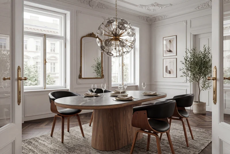 Table à manger ovale UNIQUE 200cm gris marron céramique piètement noyer