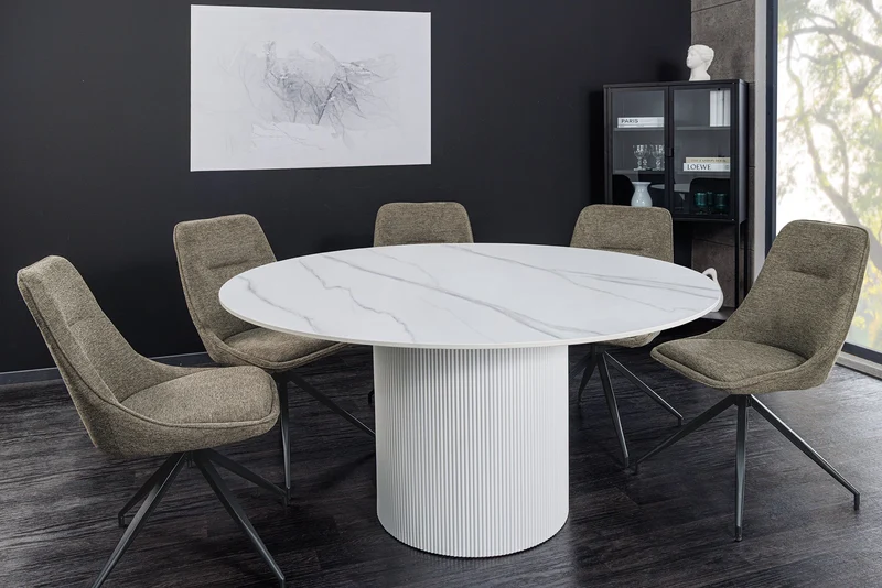 Table à manger ronde UNIQUE 120cm en céramique blanche avec piètement pilier