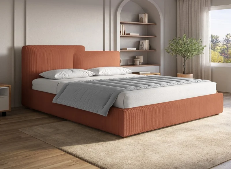 Lit coffre en velours côtelé terracotta 180x200 cm ZELIA