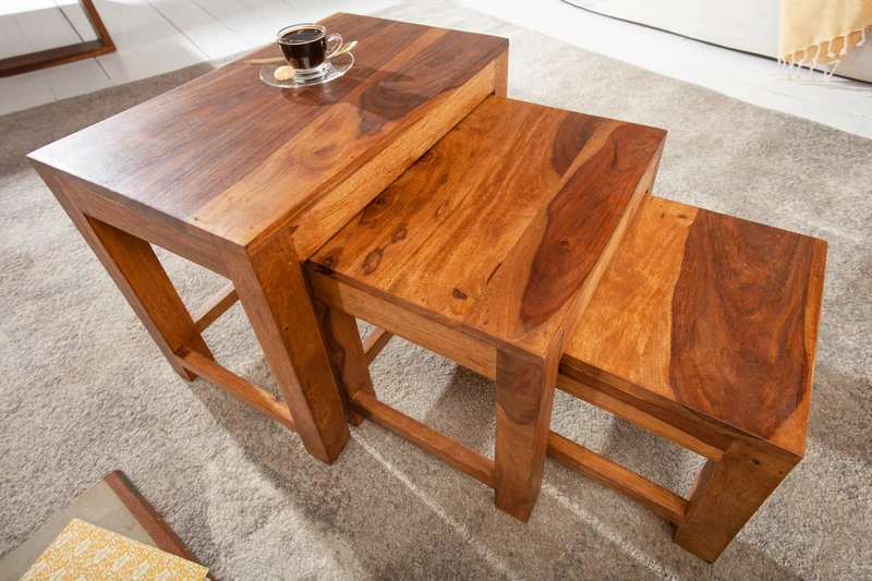 Ensemble de 3 tables d'appoint en bois massif MONSOON 45 cm Table basse en finition pierre de Sheesham marron