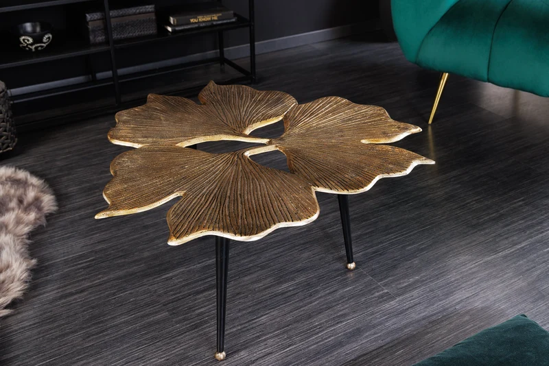Table basse décorative GINKGO LEAFS 75cm métal doré fait main