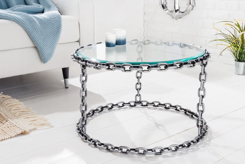 Table basse design CHAINS 65cm en métal argenté fait main, plateau rond en verre, cadre en chaîne