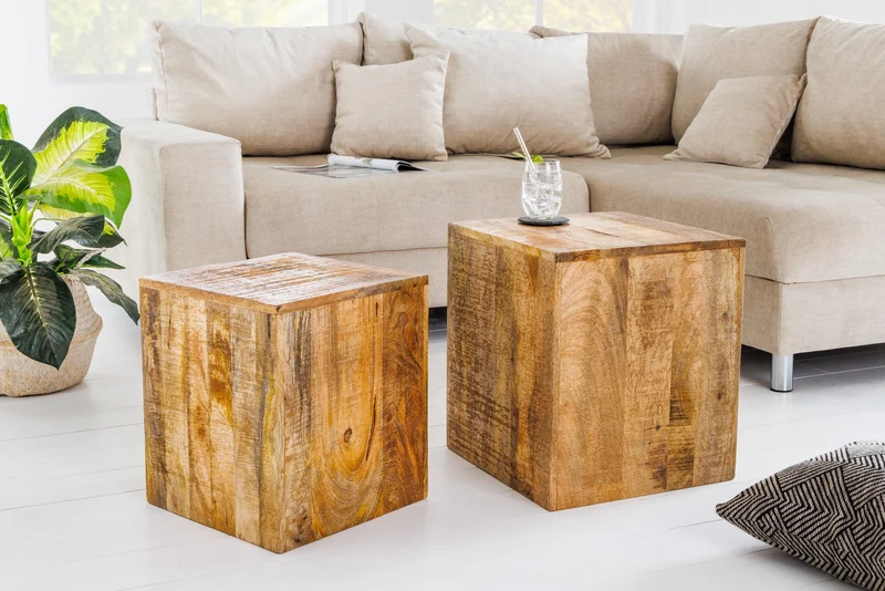 Ensemble solide de 2 tables d'appoint CURACAO 45 cm table basse cube en bois de manguier naturel faite à la main