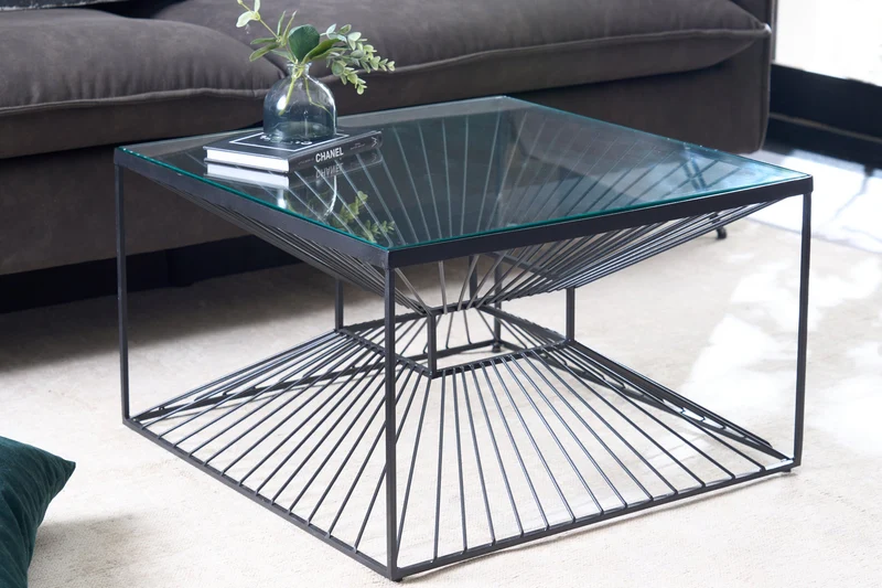 Table basse abstraite ILLUSION 60cm métal noir verre fait main design moderne