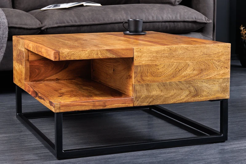Table basse en bois massif GIANT 60cm marron finition pierre de Sheesham métal étagère noire