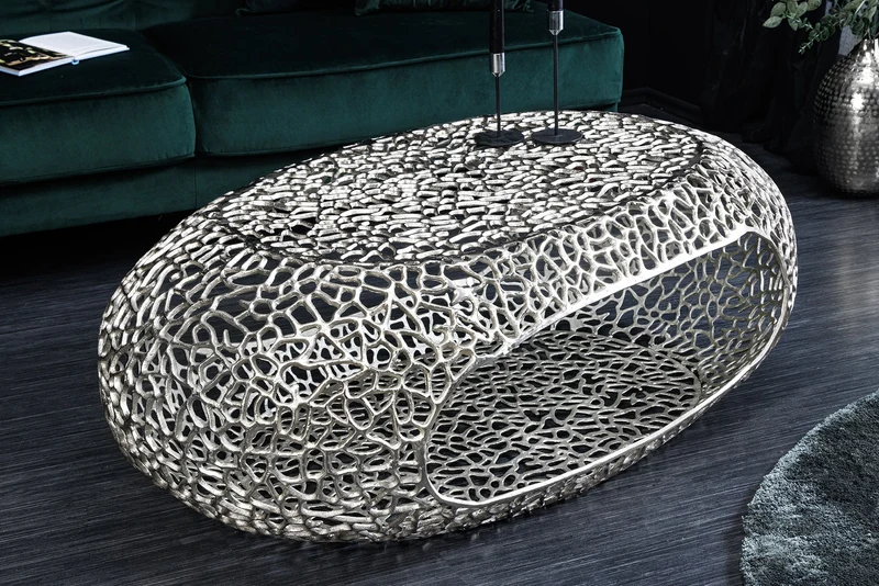 Table basse artisanale ORGANIC 120cm design feuille métal argenté avec espace de rangement
