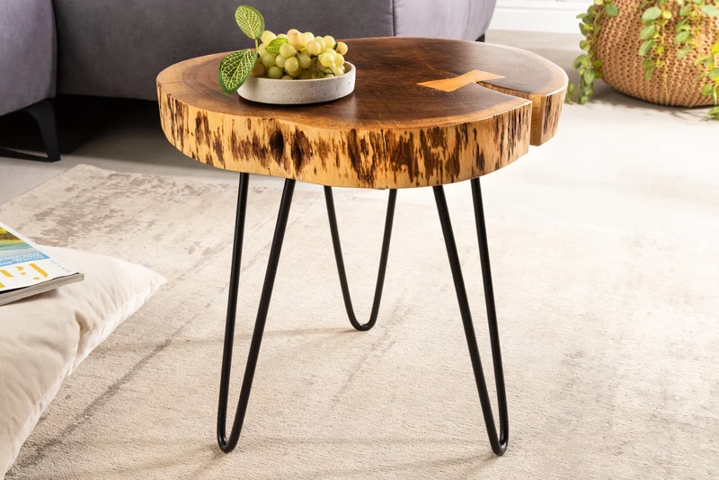 Table d'appoint industrielle GOA 40cm en bois massif d'acacia naturel, pieds ronds en épingle à cheveux