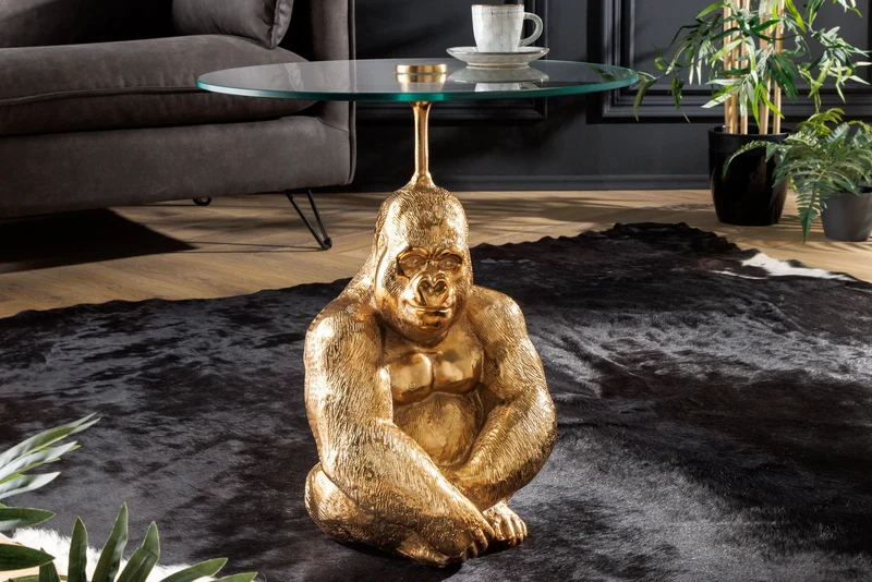 Table d'appoint ronde KONG 50cm métal doré verre figurine singe sculpture gorille