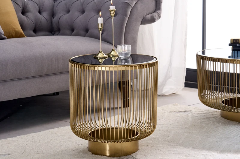 Table d'appoint design filigrane VARIATION 50cm métal doré ronde verre noir fait main