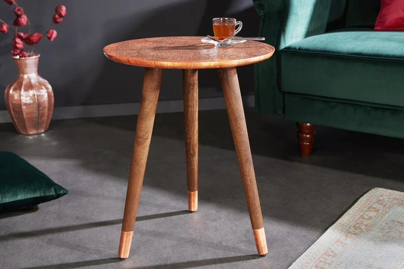 Table d'appoint design ALCAZAR 50cm métal cuivre antique bois de manguier ronde faite main