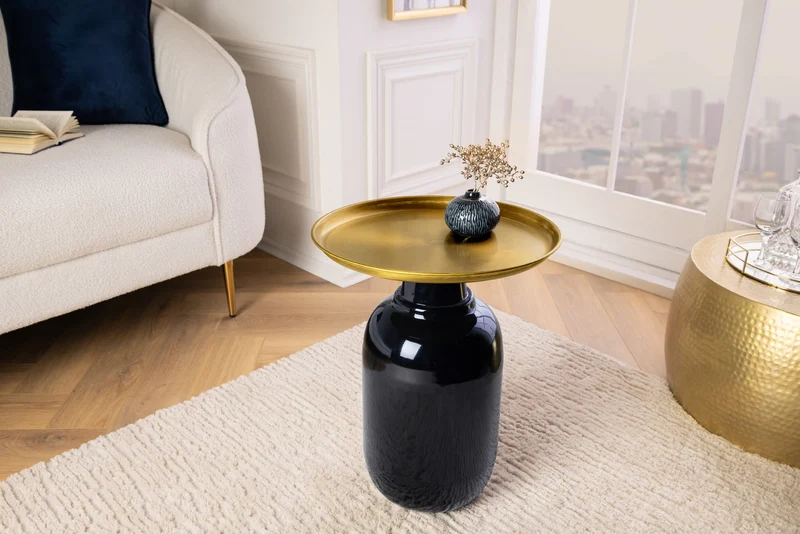 Table d'appoint ronde ELEGANCIA 50cm métal doré antique noir fer fait main